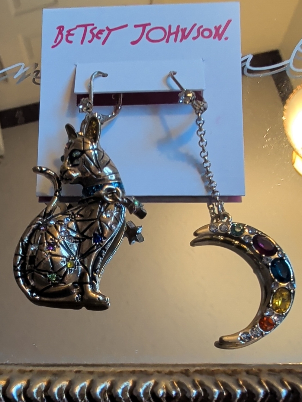 Betsey Johnson Silver Cat and Crescent Moon Earrings with Multicolored Gems